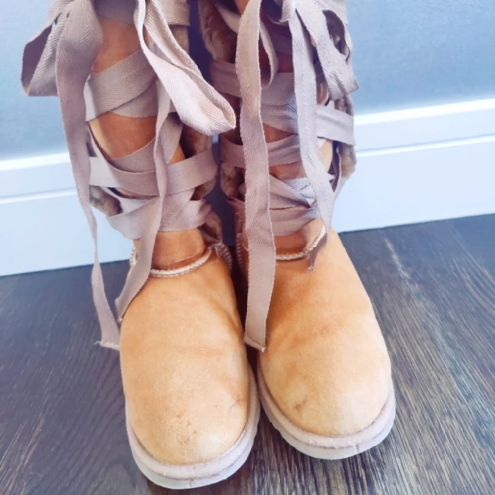 Y2K Boho Festival Love From Australia Tan Nomad Ugg Lace Up Boots 7.5